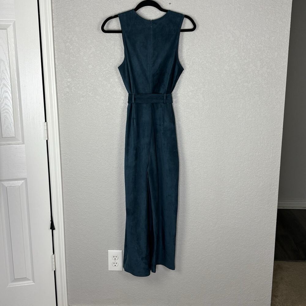 By Anthropologie Jumpsuit Womens Faux Suede Wide Leg Crop Teal Blue Stretch Sz 8 - Picture 3 of 5
